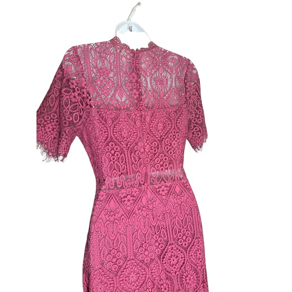 Lulus Dress Size M Remarkable‎ Fuchsia Lace Short Sleeve Mock Neck Midi 🩷🩷 - Picture 9 of 14